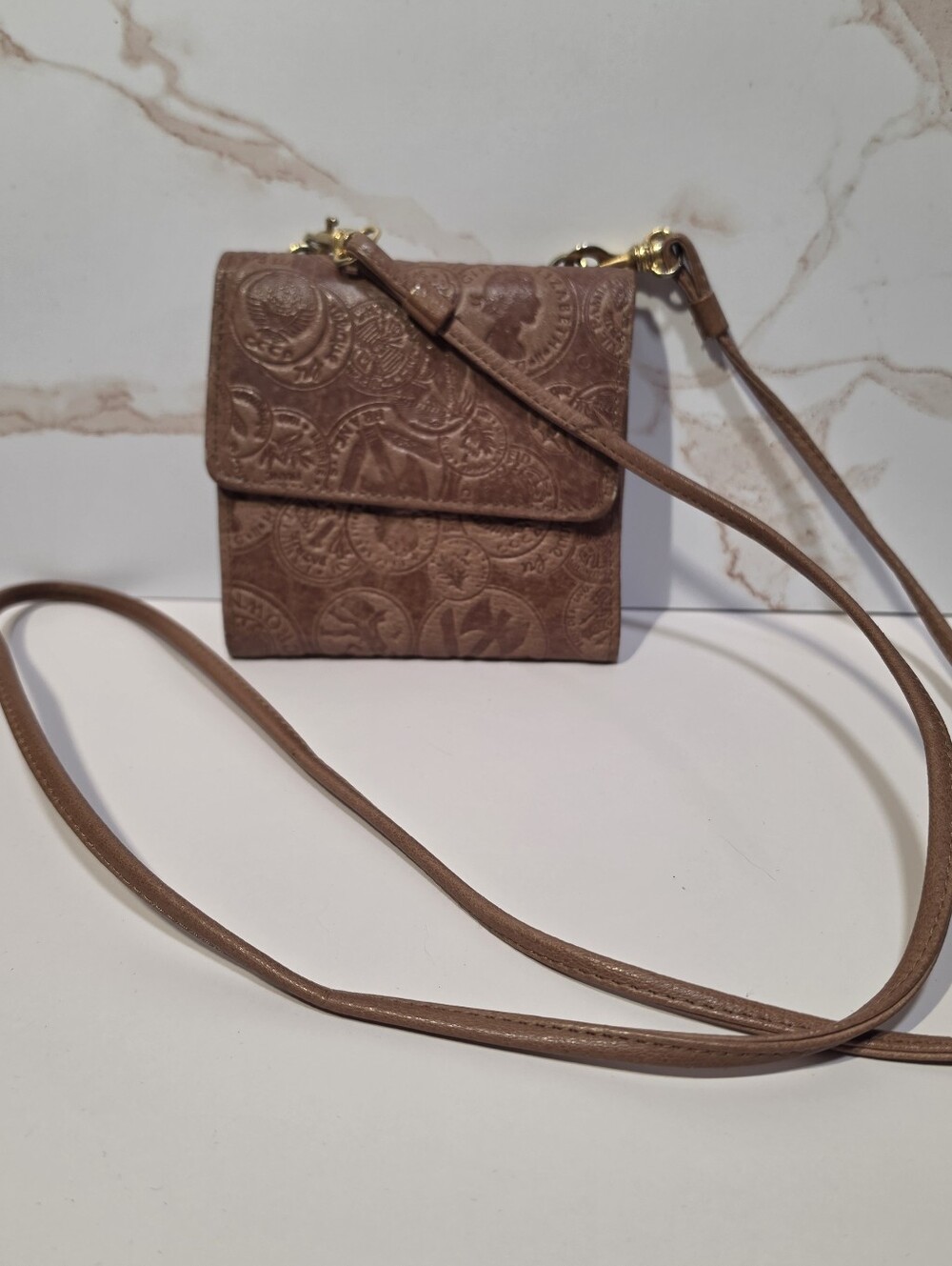 Wilsons Leather Embossed Travel Stamp Leather Wallet Crossbody Bag Brown RFID St